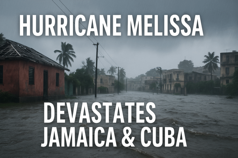 A flooded street in Jamaica with submerged houses and palm trees bending under heavy rain, depicting the severe flooding caused by Hurricane Melissa’s destruction across Jamaica and Cuba.