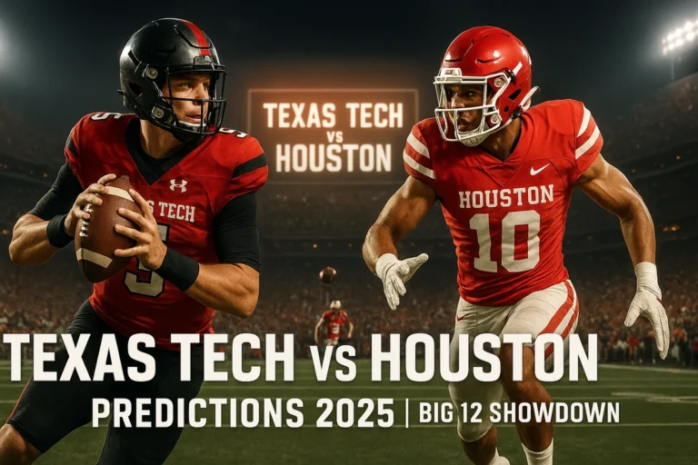 Texas Tech vs Houston football predictions 2025 Big 12 matchup banner showing two teams facing off in a stadium under lights